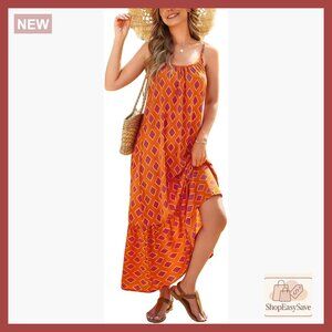 Boho Maxi Dress Flowy Summer Casual Scoop Neck Spaghetti Strap Floral Print